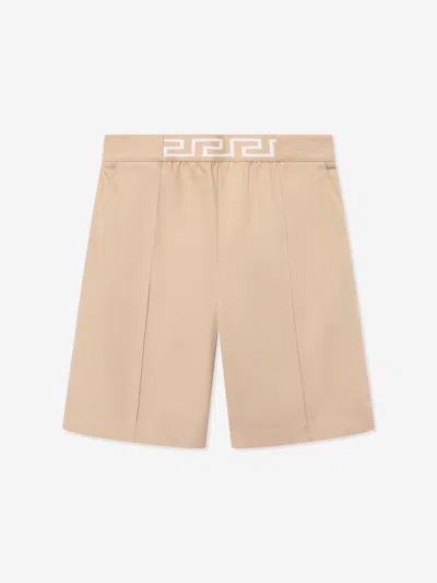 Shop Versace Boys Gabardine Shorts In Beige