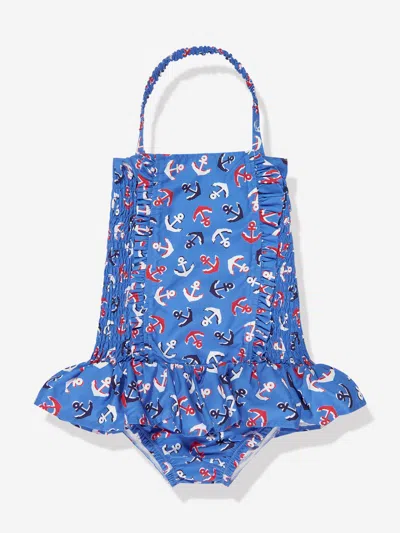 Shop Rachel Riley Girls Anchor Ruched Swimsuit In Blue