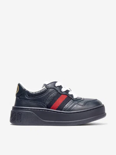 Shop Gucci Kids Leather Trainers With Web In Blue