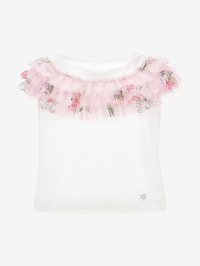 Shop Monnalisa Girls Floral Ruched T-shirt In Ivory