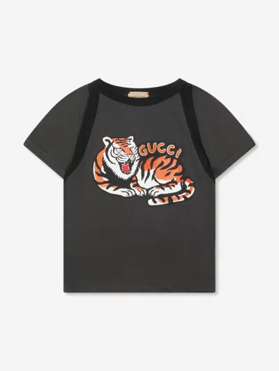 Shop Gucci Boys Tiger Logo T-shirt In Grey
