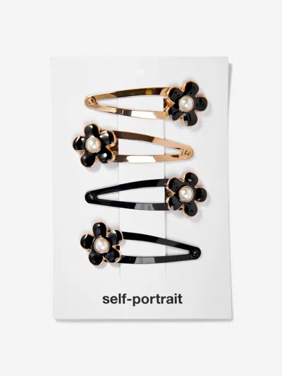Shop Self-portrait Girls Pearl Flower Hairclip Pack In Black