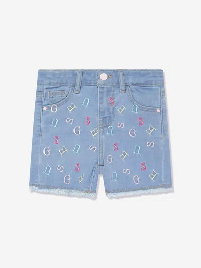 Shop Guess Girls Denim Logo Shorts In Blue