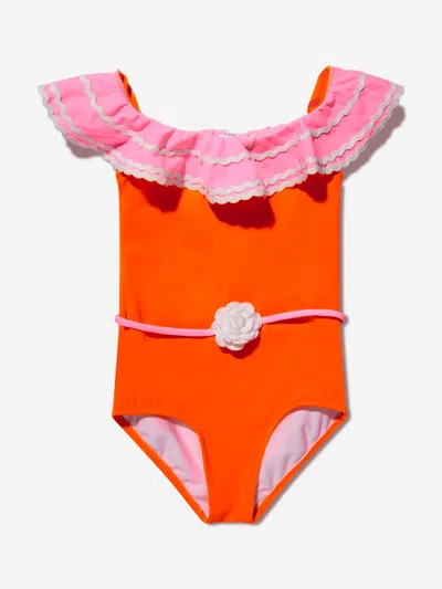 Shop Nessi Byrd Girls Ruffled Crochet Flower Pina Swimsuit In Orange
