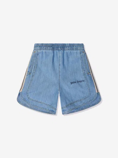 Shop Palm Angels Boys Track Chambray Shorts In Blue