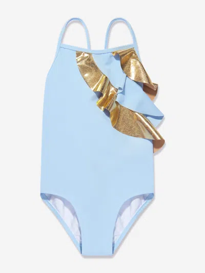 Nessi Byrd Gina Ruffle Metallic-trim Swimsuit In Blue