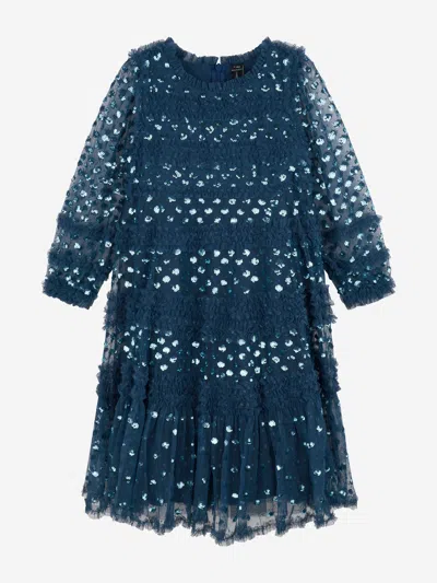 Shop Needle & Thread Girls Dot Shimmer Long Sleeve Dress In Blue