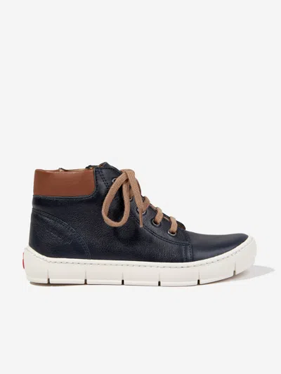 Shop Pom D'api Boys Leather High Top Trainers In Blue