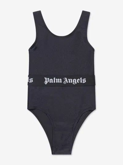 Shop Palm Angels Girls Logo Band Swimsuit In Black