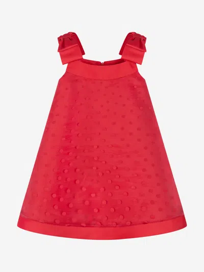 Shop Mama Luma Girls Bow Detailed Organza Polka Dot Dress In Red