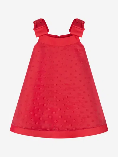 Mama Luma Girls Bow Detailed Organza Polka Dot Dress In Red