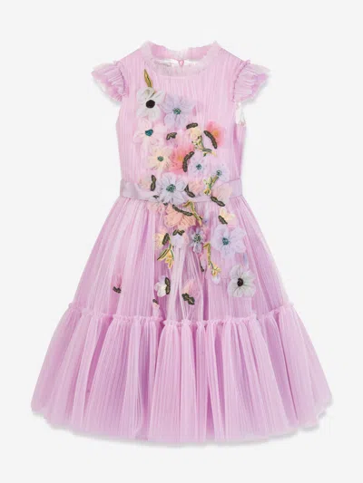 Shop Marchesa Girls Flower Embellished Pleated Tulle Gown In Purple
