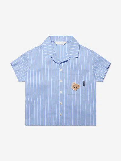 Shop Palm Angels Boys Mini Bear Striped Bowling Shirt In Blue
