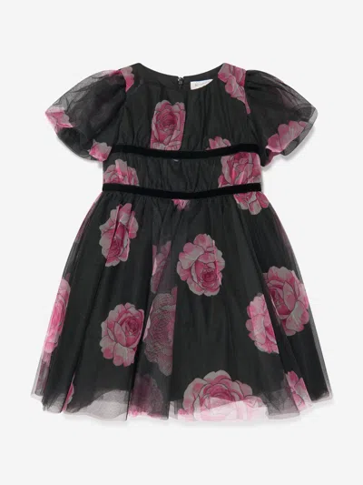 Shop Monnalisa Girls Tulle Flower Print Dress In Black