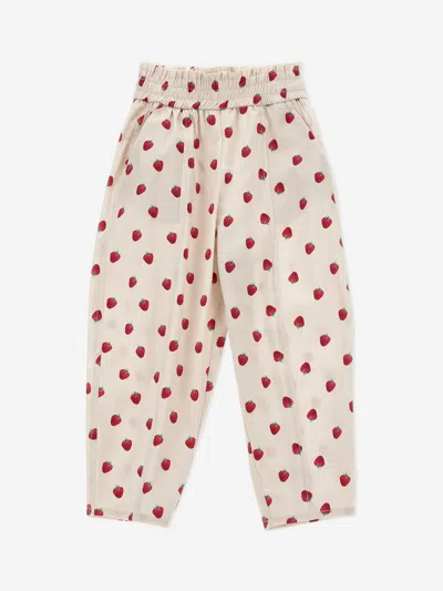 Monnalisa Girls Beige Strawberry Cotton Trousers In Beige