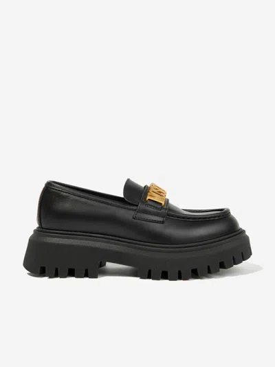 Shop Moschino Girls Leather Logo Loafers In Black