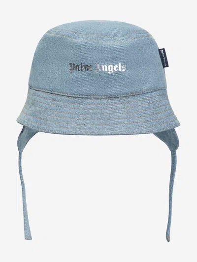 Shop Palm Angels Boys Logo Stone Denim Bucket Hat In Blue