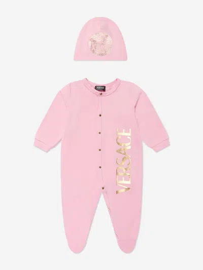 Shop Versace Baby Girls Logo Babygrow Gift Set In Pink