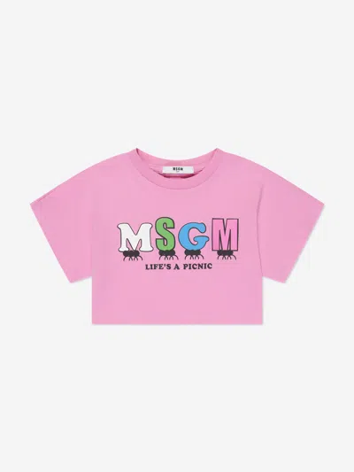 Shop Msgm Girls Cropped Logo T-shirt In Pink