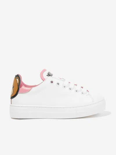 Shop Moschino Girls Leather Teddy Bear Trainers In White