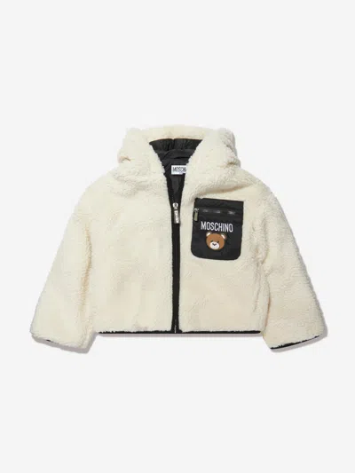 Shop Moschino Kids Hooded Zip Up Jacket In Ivory