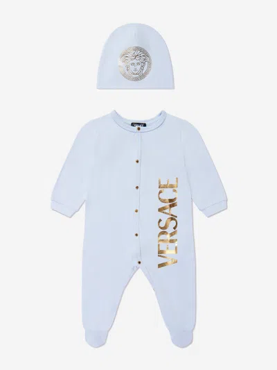 Shop Versace Baby Boys Logo Babygrow Gift Set In Blue