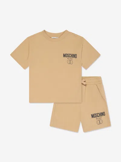 Shop Moschino Boys T-shirt And Shorts Set In Brown