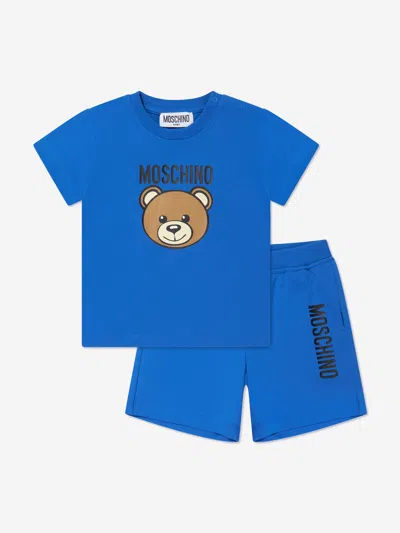 Shop Moschino Baby Teddy Logo Short Set In Blue
