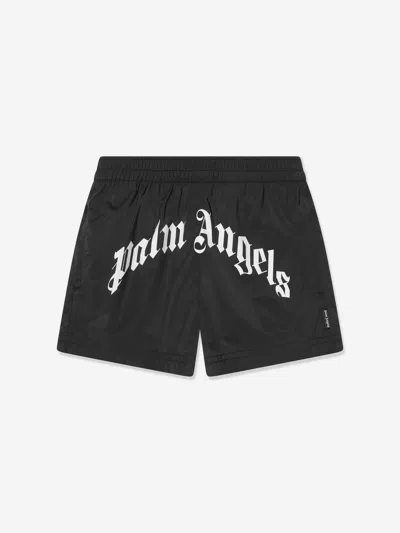 Shop Palm Angels Boys Curved Logo Swim Shorts In Black