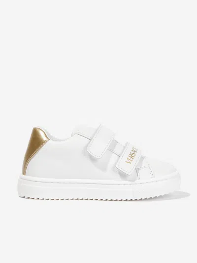 Shop Versace Kids Leather Velcro Strap Trainers In White