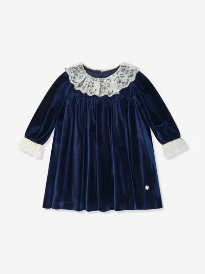 Shop Patachou Baby Girls Velvet Lace Trim Dress In Blue