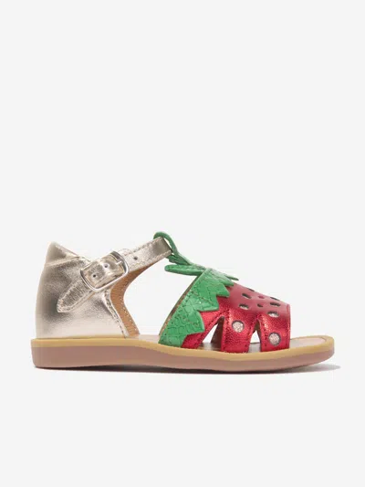 Shop Pom D'api Girls Leather Poppy Strawberry Sandals In Gold