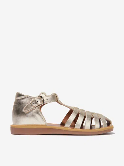 Shop Pom D'api Girls Leather Poppy Pitti Buckle Sandals In Gold