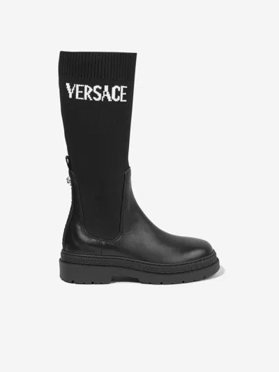 Shop Versace Girls Leather Logo Boots In Black
