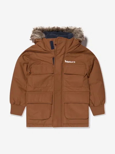 Shop Timberland Boys Hooded Parka In Brown