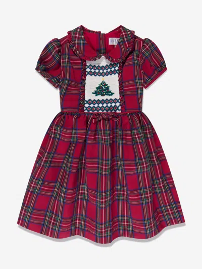 Rachel Riley Girls Christmas Tree Smocked Dress In Red