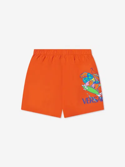 Shop Versace Boys Crocodile Swim Shorts In Orange