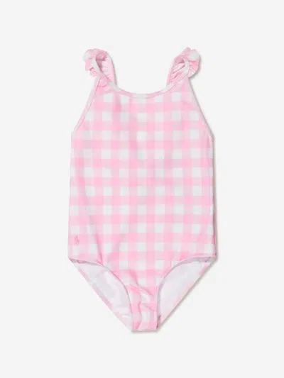 Shop Ralph Lauren Girls Checked Embroidered Logo Swimsuit Us 14 - Uk 11 Yrs Pink