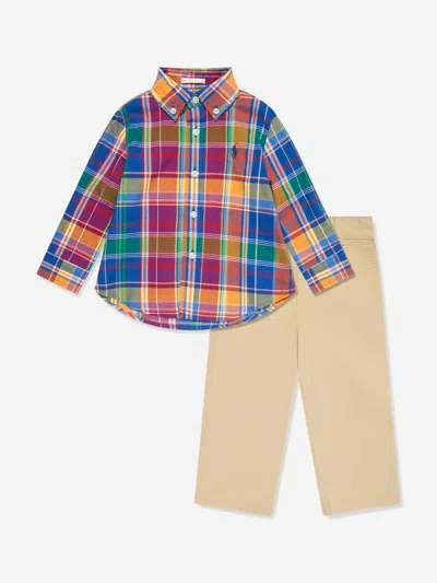 Shop Ralph Lauren Baby Boys Shirt And Trousers Set In Multicoloured