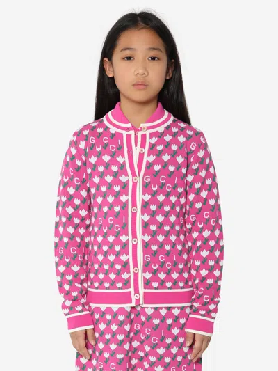 Shop Gucci Girls Jacquard Logo Knitted Cardigan In Pink