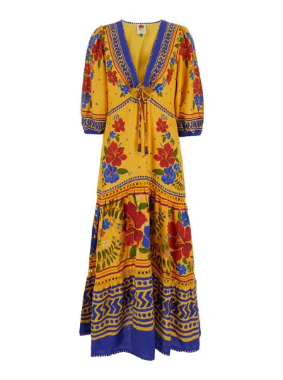 Shop Farm Rio Orange Maxi Dress With Floral Print In Techno Fabric Woman In Yellow