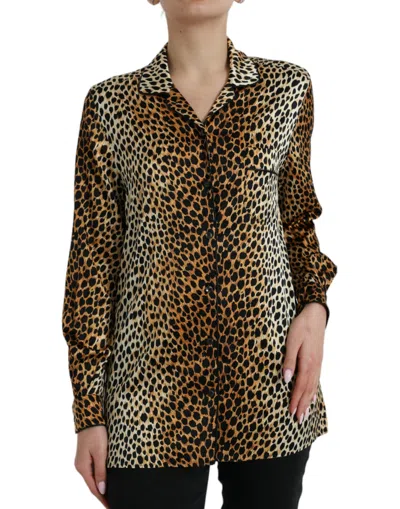 Shop Dolce & Gabbana Elegant Brown Animal Print Silk Blouse