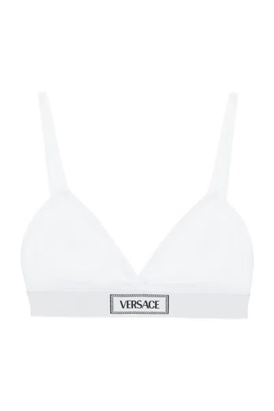 Shop Versace '90s Logo Ribbed Bralette In Bianco