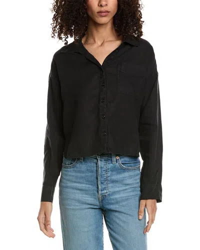 Shop Michael Stars Gracie Crop Button-down Linen Shirt In Black