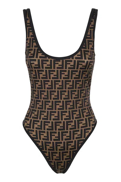 Shop Fendi One-piece Swimsuit With Logo In Brown