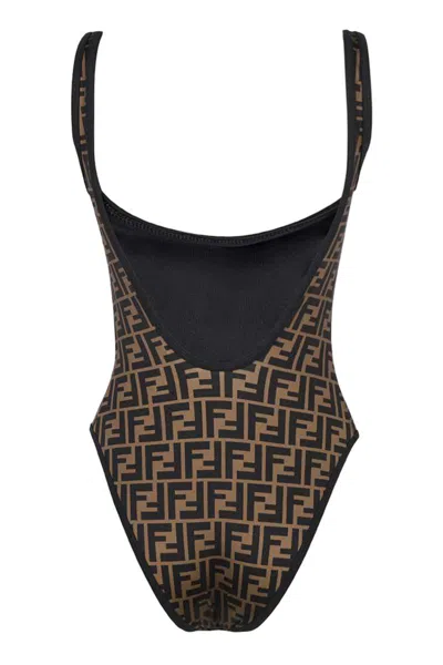 Shop Fendi One-piece Swimsuit With Logo In Brown
