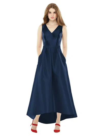 Alfred Sung V-neck Sleeveless High-low Sateen Twill Gown In Blue