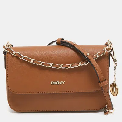 Shop Dkny Leather Bryant Flap Crossbody Bag In Brown
