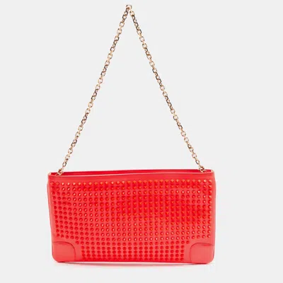 Shop Christian Louboutin Neon Coral Patent Leather Loubiposh Spike Chain Clutch In Orange