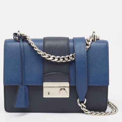 Shop Prada Two Tone Saffiano 1 Leather Sound Flap Chain Shoulder Bag In Blue